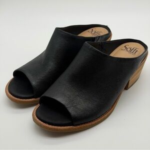 Sofft Black Leather Aneesa Peep-Toe Mule Heels